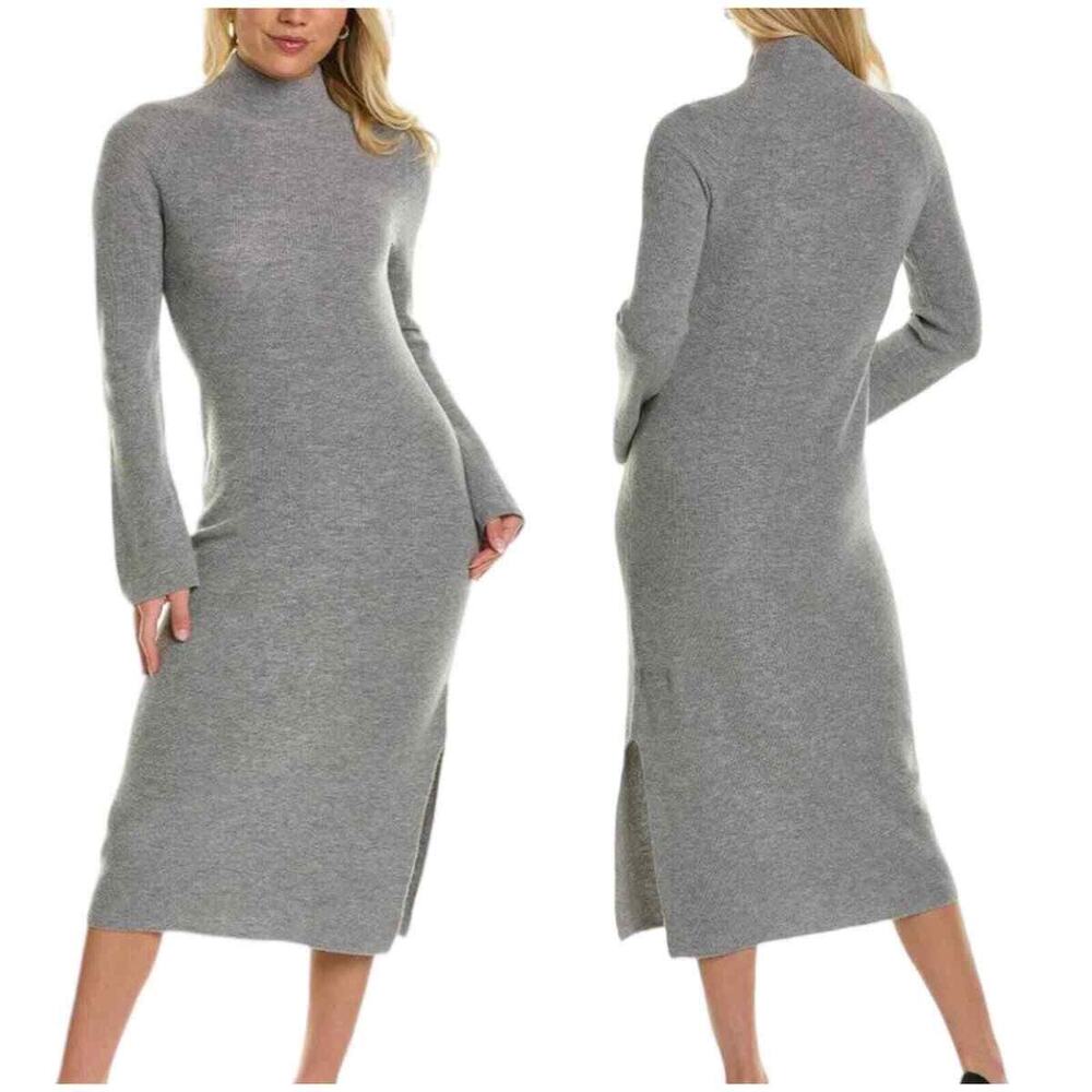 Theory Governor Wool Cashmere Mock‎ Neck Long Slevee Ribbed Knit Midi Dress